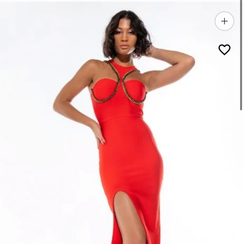 Akira “Classy B*tch Looks” Bandage Midi Dress Red/ Gold and Black Embellishment